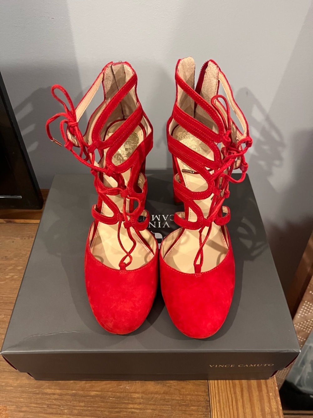 Vince Camuto Shavona Red Suede Lace-Up Block Heels
